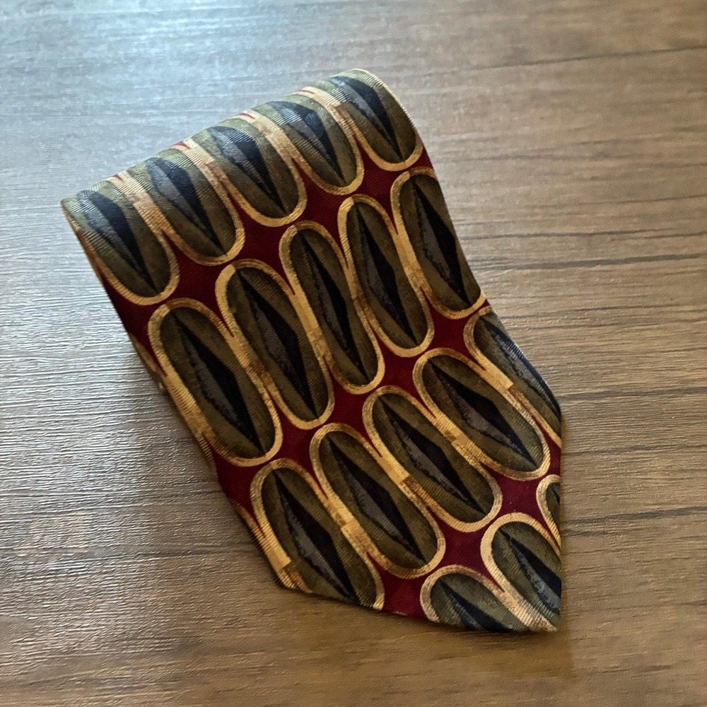 XMI 325 Series Nordstrom Silk Tie OS Burgundy Olive Green Mens Geometric Pattern